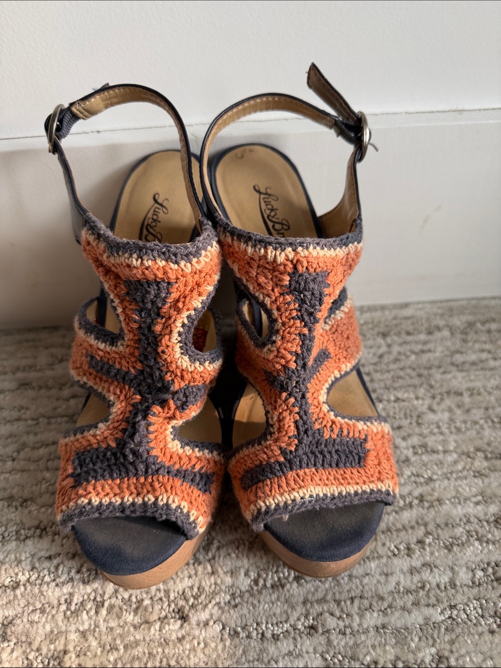 Lucky Brand Orange and Navy Crochet Wedge Sandals